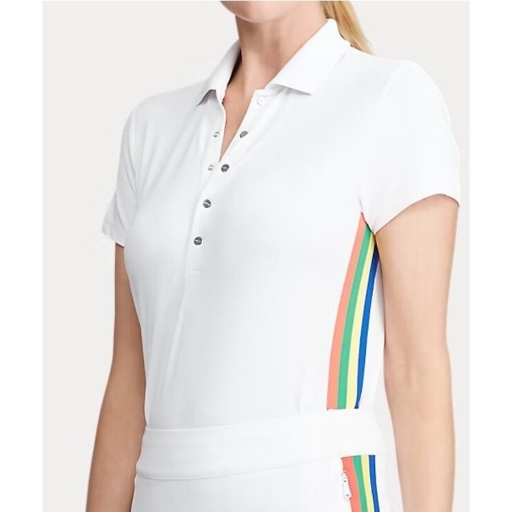 Ralph Lauren RLX Rainbow Striped-Trim Golf Polo Shirt White Performance Snap M